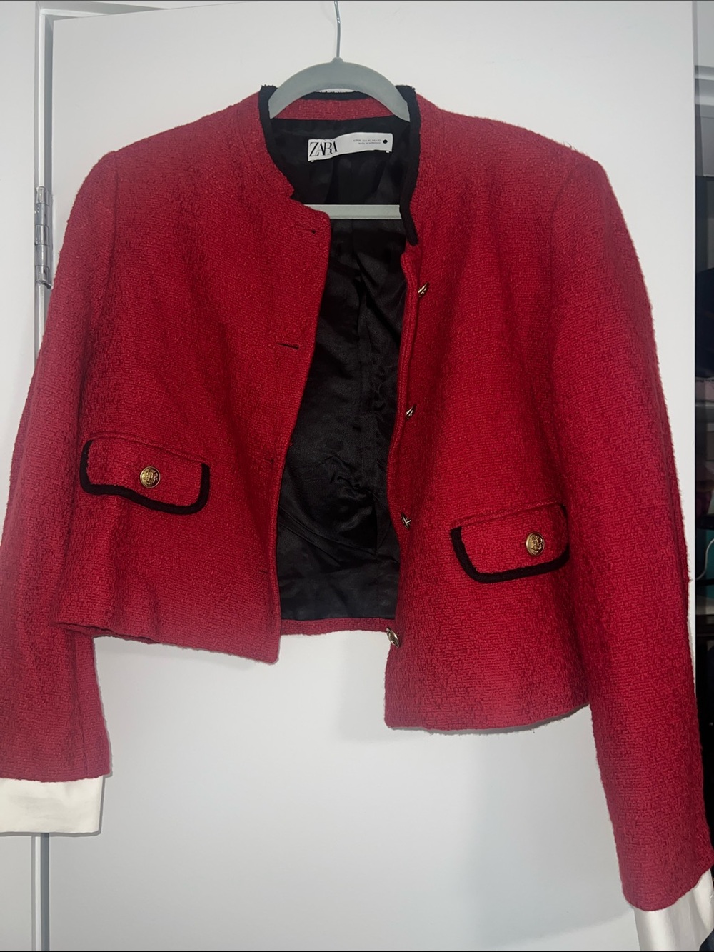 Zara Red Bouclé Cropped Blazer with Black Trim